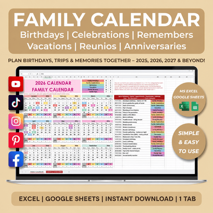 Family Calendar Excel templates - myLovelySheets