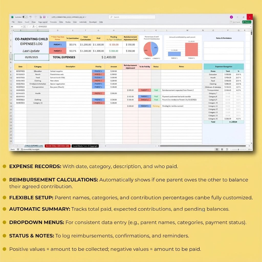 Co-Parenting Child Expense Excel templates - myLovelySheets