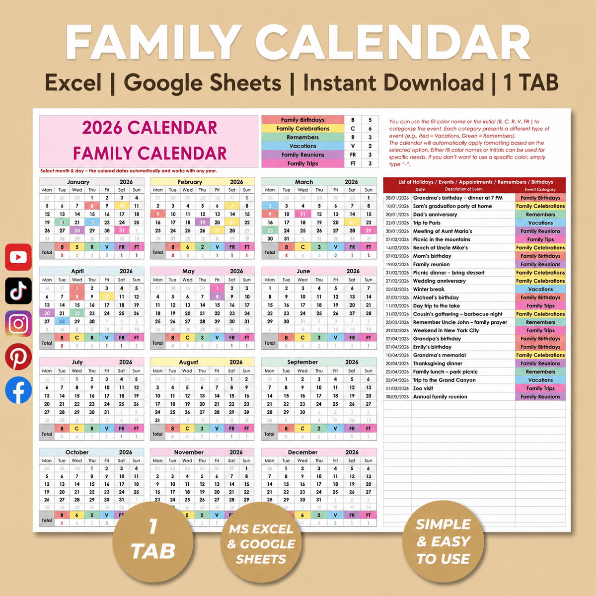 Family Calendar Excel templates - myLovelySheets