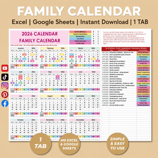 Family Calendar Excel templates - myLovelySheets